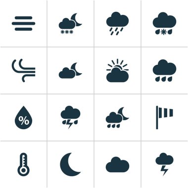 Hava Icons Set. Güneş-bulut, pus, ay ve diğer öğeleri koleksiyonu. Ayrıca sis, bulut, duş gibi simgeler içerir.