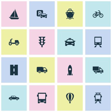 Sevk irsaliyesi Icons Set. Yol işaret, tramvay, otomobil ve diğer öğeleri koleksiyonu. Ayrıca Tanker, taksi, patron gibi simgeler içerir.