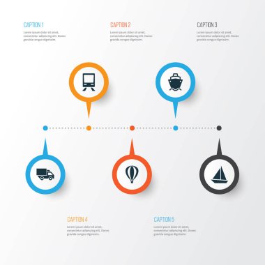 Sevk irsaliyesi Icons Set. Zeplin, yat, demiryolu ve diğer öğeleri koleksiyonu. Ayrıca kargo, kamyon, araba gibi simgeler içerir.