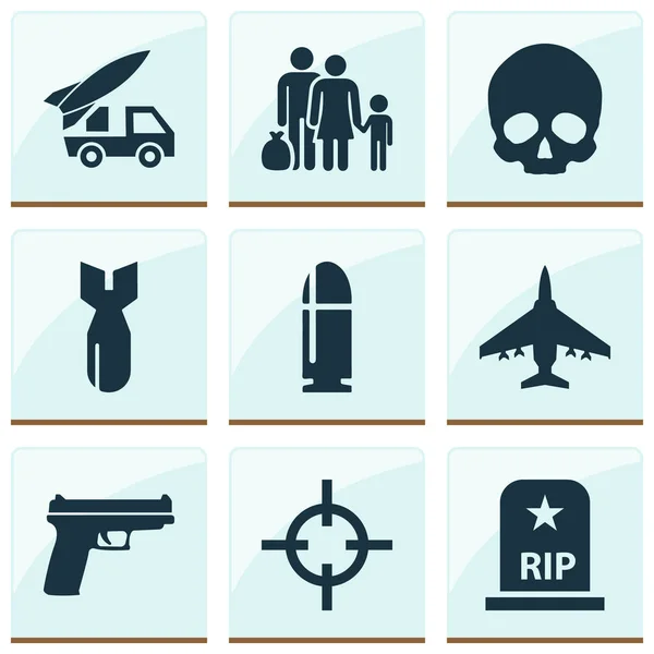 Боевой набор иконок. Коллекция мишеней, беглецов, черепов и других элементов. Also Includes Symbols such as Gun, Skull, Bomber . — стоковый вектор