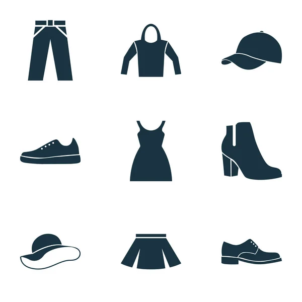 Kläder ikoner Set. Samling av kvinnliga Vinterskor, Trilby, byxor och andra element. Innehåller också symboler såsom byxor, Kjol, kläder. — Stock vektor