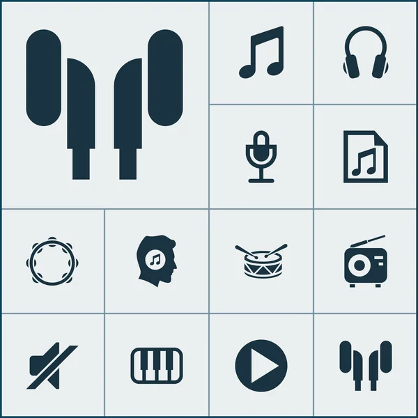 Zestaw ikon muzyki. Kolekcja Earmuff, plik, Timbrel i innych elementów. Również zawiera symbole, takie jak mikrofon, Meloman, Earmuff. — Wektor stockowy