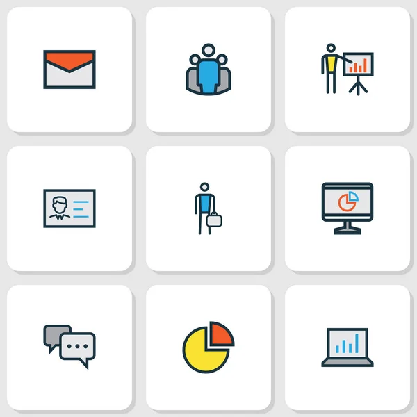 Handel kleurrijke overzicht Icons Set. Collectie van Computer Analytics, cirkeldiagram, cirkel Stats en andere elementen. Ook symbolen zoals Badge, E-mail, statistieken. — Stockvector