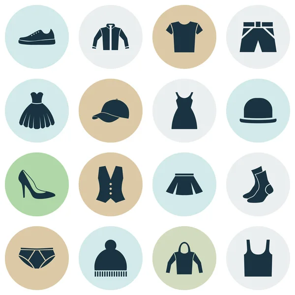 Set di icone dei vestiti. Collezione di Abito, Calzature tacco, Slip e altri elementi. Include anche simboli come gonna, panno, donna . — Vettoriale Stock