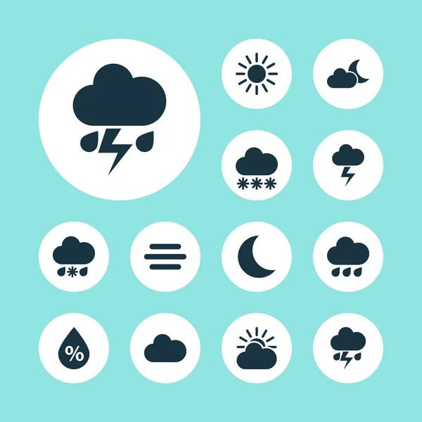 Éghajlat ikonok beállítása. Nap, Hold, havas és más elemek gyűjteménye. Magában foglalja a szimbólumok, mint például esős, csepp, napfény. — Stock Vector