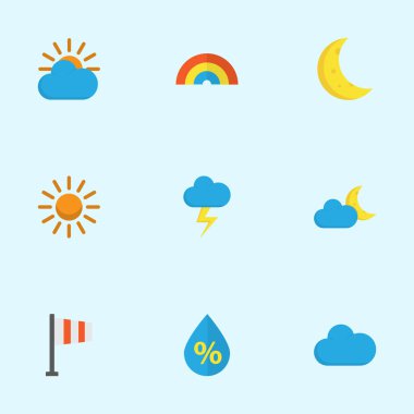 Doğa düz simgeler kümesi. Güneş topluluğu, hilal, güneşli ve diğer öğeler. Ayrıca yağmur, damla, afiş gibi simgeler içerir.