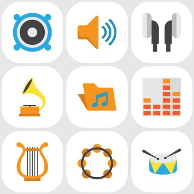 Multimedya düz simgeler kümesi. Kontrol, ses, hoparlör ve diğer öğeleri koleksiyonu. Ayrıca gomalak, ses, grup gibi simgeler içerir.