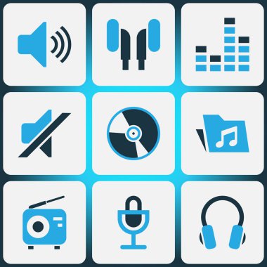 Ses renkli simgeler kümesi. Mikrofon, vinil, cilt ve diğer öğeleri koleksiyonu. Ayrıca ses, radyo, Cd gibi simgeler içerir.