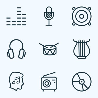 Müzik ana hatlarıyla seti. Plastik, kulaklık, varil ve diğer öğeleri koleksiyonu. Ayrıca Dj, müzik, kulaklık gibi simgeler içerir.