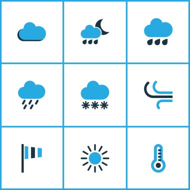 Meteoroloji Icons Set renkli. Termometre, Rüzgar, kar yağışı ve diğer öğeleri koleksiyonu. Ayrıca bayrak, yağmur, sıcaklık gibi simgeler içerir.
