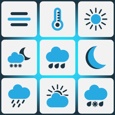 Meteoroloji Icons Set renkli. Yağmur, yağmur fırtınası, meltem ve diğer öğeleri koleksiyonu. Ayrıca Blizzard, ay ışığı, yağmur fırtınası gibi simgeler içerir.