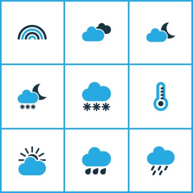 İklim Icons Set renkli. Bulutlu gökyüzü, bulutlu, ark ve diğer öğeleri koleksiyonu. Ayrıca bulutlu, hava, yağmur gibi simgeler içerir.
