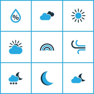 Meteoroloji Icons Set renkli. Bulutlu gökyüzü, Rüzgar, gece ve diğer öğeleri koleksiyonu. Ayrıca Rüzgar, güneş, gece gibi simgeler içerir.