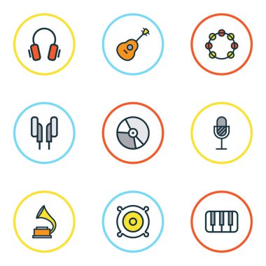 Multimedya renkli anahatlar küme. Tef, anahtarlar, daire ve diğer öğeleri koleksiyonu. Ayrıca müzik, fonograf, kulaklık gibi simgeler içerir.