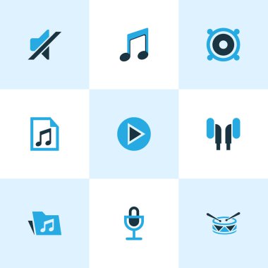 Ses renkli simgeler kümesi. Kulaklık, hoparlör, çalma listesi ve diğer öğeleri koleksiyonu. Ayrıca mikrofon, oyun, ses gibi simgeler içerir.