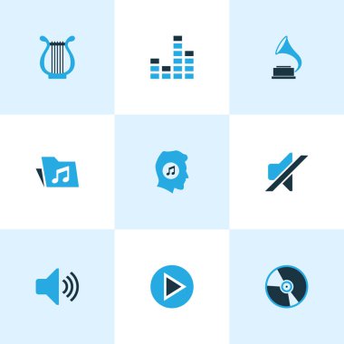 Müzik Icons Set renkli. Oyun, klasör, Harp ve diğer öğeleri koleksiyonu. Ayrıca, dosya, klasör, ekolayzer gibi simgeler içerir.