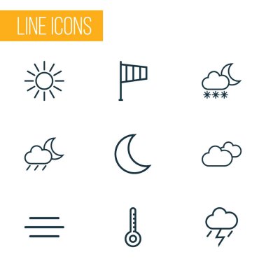 Hava durumu özetliyor küme. Güneş, ay, sıcaklık ve diğer öğeleri koleksiyonu. Ayrıca Blizzard, esinti, fırtına gibi simgeler içerir.