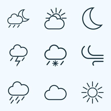 Meteoroloji özetliyor küme. Yağmur fırtınası, Moon, bulut ve diğer öğeleri koleksiyonu. Ayrıca fırtına, kar, güneş ışığı gibi simgeler içerir.