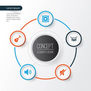 Ses simgeler kümesi. Enstrüman, varil, ses ve diğer öğeleri koleksiyonu. Ayrıca davul, ses, ses gibi simgeler içerir.