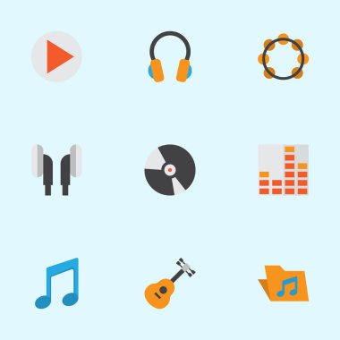 Multimedya düz simgeler kümesi. Portföy, sesi, ritim ve diğer öğeleri koleksiyonu. Ayrıca ritim, Dj, Disk gibi simgeler içerir.