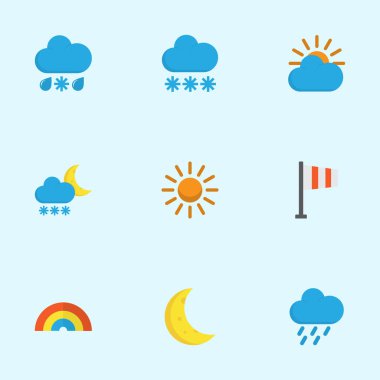 İklim düz simgeler kümesi. Afiş, Drizzles, güneşli ve diğer öğeleri koleksiyonu. Ayrıca Demilune, kış, yay gibi simgeler içerir.