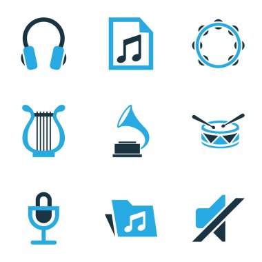 Multimedya renkli simgeler kümesi. Çalma listesi, tef, gramofon ve diğer öğeleri koleksiyonu. De gramofon, mikrofon, dosyası gibi simgeler içerir.