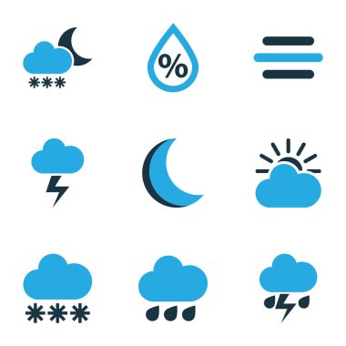 Meteoroloji Icons Set renkli. Fırtına, gece, kar yağışı ve diğer öğeleri koleksiyonu. Kar yağışı, tahmin, yıldırım gibi semboller de içerir.