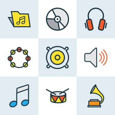 Ses renkli anahatlar küme. Varil, daire, şablonu ve diğer öğeleri koleksiyonu. Ayrıca hoparlörler, paket, Gadget gibi simgeler içerir.