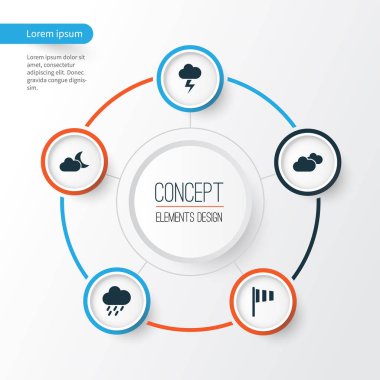 İklim Icons Set. Bayrak, ay ışığı, yıldırım ve diğer öğeleri koleksiyonu. Ayrıca bulutlu, ay ışığı, Flash gibi simgeler içerir.