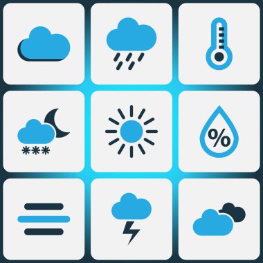 Doğa Icons Set renkli. Nem, şimşek, yağmur fırtınası ve diğer öğeleri koleksiyonu. Ayrıca kar yağışı, yüzde, nem gibi simgeler içerir.