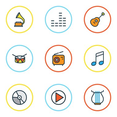 Ses renkli anahatlar küme. Daire, Mikser, dizeleri ve diğer öğeleri koleksiyonu. Ayrıca müzik, ekolayzer, enstrüman gibi simgeler içerir.