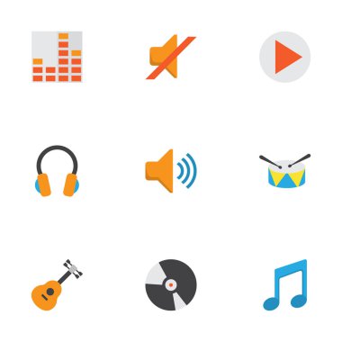 Multimedya düz simgeler kümesi. Kontrol, grup, sessiz öğeleri koleksiyonu. Kulaklık, ses, başlamak gibi semboller de içerir.