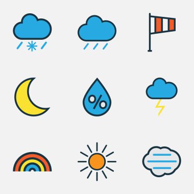 İklim renkli anahatlar ayarla. Hail, gökkuşağı, güneş ve diğer öğeleri koleksiyonu. Ayrıca sağnak, Thunderstroke, ay gibi simgeler içerir.