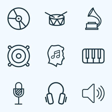 Ses özetliyor ayarlayın. Anahtarlar, kapak, plastik ve diğer öğeleri koleksiyonu. Ayrıca varil, gramofon, kulaklık gibi simgeler içerir.