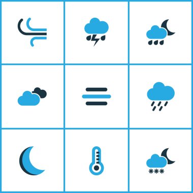 İklim Icons Set renkli. Bulutlu gökyüzü, Rüzgar, yağmur fırtınası ve diğer öğeleri koleksiyonu. Ayrıca sembolleri böyle içerir olarak bulutlu, ay ışığı, esinti.