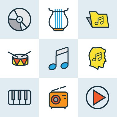 Multimedya renkli anahatlar küme. Şablon, Set, varil ve diğer öğeleri koleksiyonu. Ayrıca müzik, notlar, ses gibi simgeler içerir.