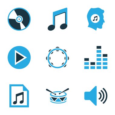 Müzik Icons Set renkli. Birim, vinil, davul ve diğer öğeleri koleksiyonu. Ayrıca hoparlör, Timbrel, sevgili gibi simgeler içerir.