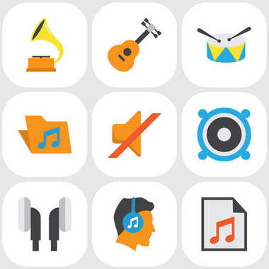 Multimedya düz simgeler kümesi. Medya, akustik, kulaklık ve diğer öğeleri koleksiyonu. Ayrıca kulaklık, vurmalı çalgılar, enstrüman gibi simgeler içerir.