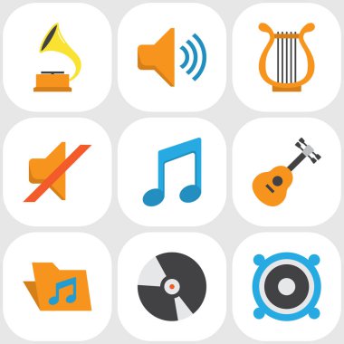 Ses düz simgeler kümesi. Shellac, hoparlör, portföy ve diğer öğeleri koleksiyonu. De gramofon, megafon, megafon gibi simgeler içerir.