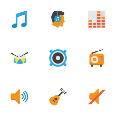 Multimedya düz simgeler kümesi. Kontrol, akustik, grup öğeleri koleksiyonu. Ayrıca araç, müzikal, hoparlör gibi simgeler içerir.