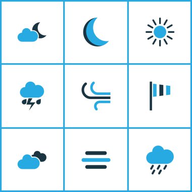 İklim Icons Set renkli. Fırtına, yağmur fırtınası, bulutlu gökyüzü ve diğer öğeleri koleksiyonu. Ayrıca Rüzgar, hava durumu, yaz gibi simgeler içerir.