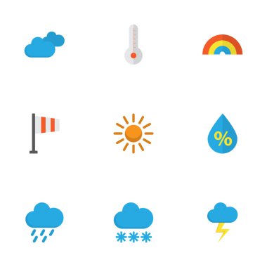 Hava düz simgeler kümesi. Kar, bulutlu, damla ve diğer öğeleri koleksiyonu. Ayrıca bulut, Flash, dolu gibi simgeler içerir.