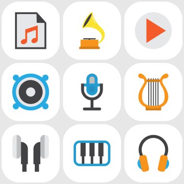 Müzik düz simgeler kümesi. Medya, hoparlör, Sonata ve diğer öğeleri koleksiyonu. Ayrıca kulaklık, megafon, medya gibi simgeler içerir.