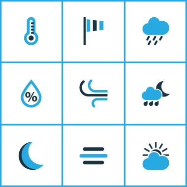 Meteoroloji Icons Set renkli. Nem, gece, yağmur fırtınası ve diğer öğeleri koleksiyonu. Ayrıca damla, nem, güneş gibi simgeler içerir.