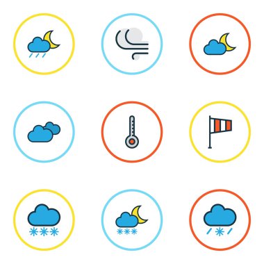 Doğa renkli anahatlar ayarla. Tornado, bulutlu hava, ölçek ve diğer öğeleri koleksiyonu. Ayrıca ölçek, esinti, derecesi gibi simgeler içerir.