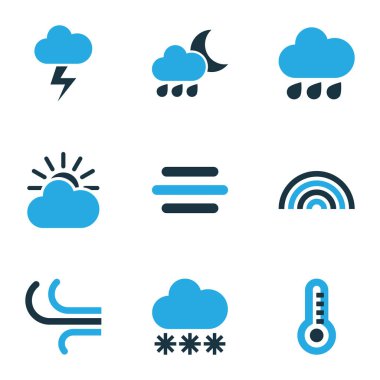 Doğa Icons Set renkli. Yağmur, kar yağışı, bulutlu ve diğer öğeleri koleksiyonu. Ayrıca cıvata, bulutlu, termometre gibi simgeler içerir.