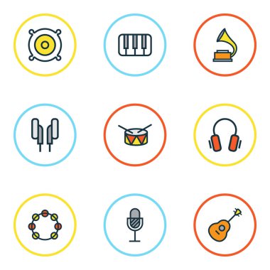 Ses renkli anahatlar küme. Varil, Earphones, anahtarları ve diğer öğeleri koleksiyonu. Ayrıca Timbrel, piyano, müzik gibi simgeler içerir.