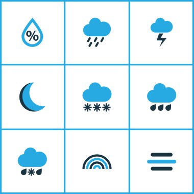 Meteoroloji Icons Set renkli. Kar yağışı, soğuk hava, ark ve diğer öğeleri koleksiyonu. Ayrıca cıvata, Bora, Rüzgar gibi simgeler içerir.