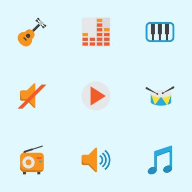 Müzik düz simgeler kümesi. Ses, kontrol, sessiz ve diğer öğeleri koleksiyonu. Ayrıca kontrol gibi Band, radyo sembolleri içerir.