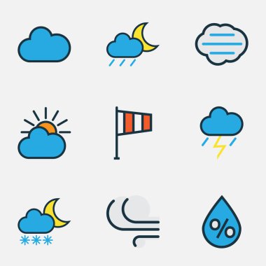Meteoroloji renkli anahatlar ayarla. Ay, topluluğu bulutlu, bayrak ve diğer öğeler. Gibi Thunderstroke, bayrak, bulutlu sembolleri de içerir.